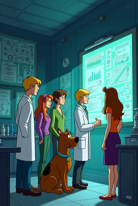 



Page 1:

Table 1:
(Fred, daphne, e velma estão em um laboratório, with a whiteboard full of graphs and DNA sequences. Scooby-Doo and Shaggy are at the door, with expressions of curiosity and fear.)

Fred: We have to find out what is causing these stran...