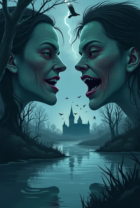 I want you to take this image as a reference of what I want: I wish that you turn the 2 faces on the sides into macabre witch faces, which must be ugly, big-nosed and green-skinned. The branches of the trees must be dry and rough, the water must be swampy,...