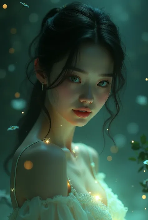 A woman with small green slanted eyes shines in the dim light, Her thick, pink lips outline a soft smile. With elegant steps, Her pale skin glows, creating an atmosphere of mystery and sweetness around you.