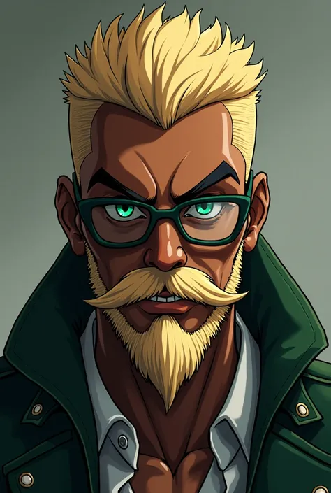 A dark brown skinned man,clear green eyes,wolfcut hair,blond beard and mustache,sexly,with glasses,boku no hero style