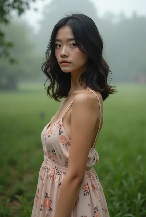 malay girl, Beautiful, big breasts, short shoulder length hair, sleeveless nightgown, sweeping in the yard. rural atmosphere with morning mist as background detail. look at the viewer, natural light, realistic photography, shot from side,