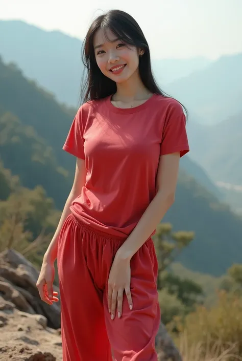 Chinese girl, white skin, shaggy breasts, big breast, detailed fingers and nails, naughty smile, thick body, sexy body, curvy waist, big bottom, sunny morning, milky white skin, red t shirt, standing on a dead wood, mountain background, hot pants, spread t...