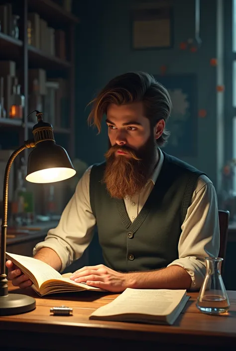 A beard boy who reading chemistry 
