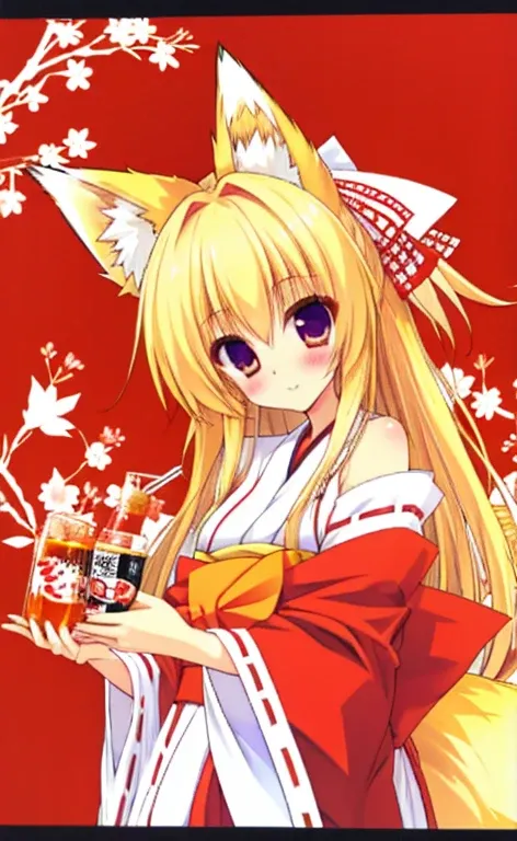 beautiful long blonde girl　miko　fox ears　fox tail　shrine　japan drink alcohol　hot face