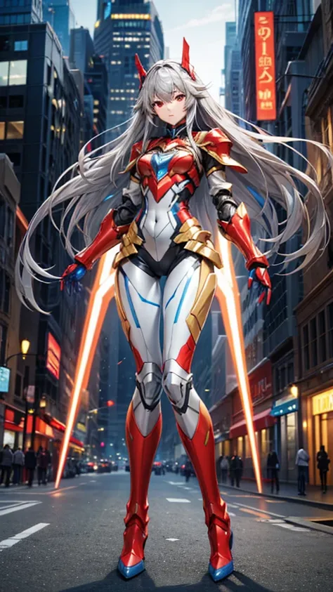 silver long hair giantess，Gray gold fluorescent line full body tights，Chest，red blue armor，slim figure，Thin legs，boots，[City