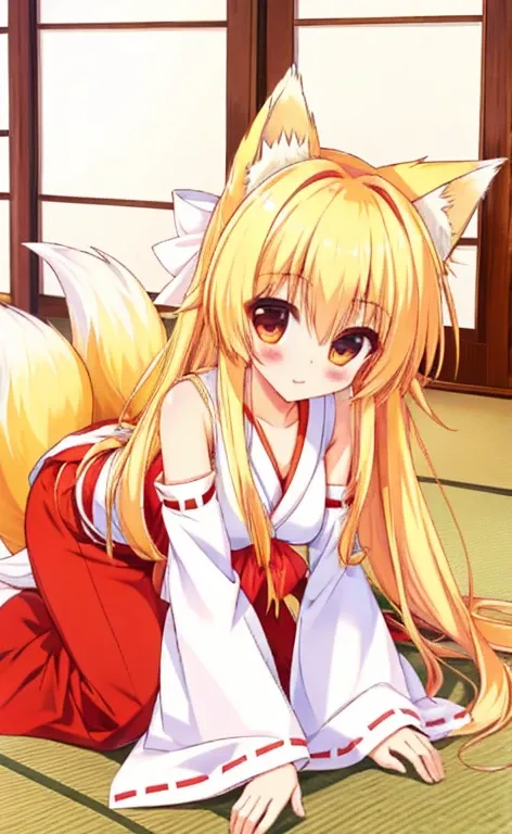 beautiful long blonde girl　miko　fox ears　fox tail　shrine　on all fours