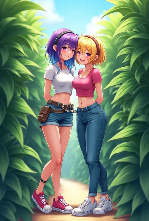 Two girlfriends smiling, one with hair with purple roots and blue tips, wearing a white top, with denim shorts and a mechanic&#39;s belt and pink sneakers, she has her hands behind her back handcuffed. another with blonde hair, wearing a pink top, with low...