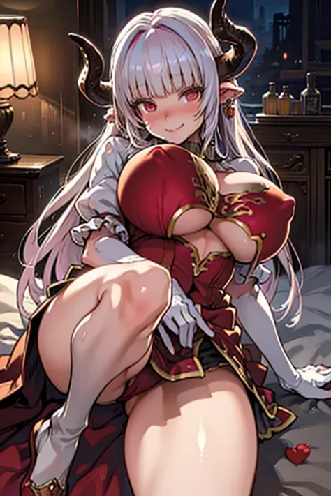 (sitting), (raised leg invitation:1.5),(cowboy shot), (The view is from very close below:1.5),arms behind back, legs apart,
embarrassed, seductive smile,
Alicia,1woman, Gray Hair, Long Hair, Red eyes,((horn:1.5)),Pointed Ears, High resolution,Sharp focus,(...