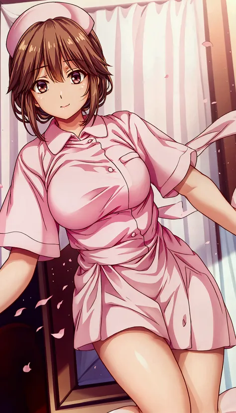 Simple white background, nurse uniform, pink shirt,short sleeves, nurse, nurse cap, brown eyes, brown hair,bangs,Short hair, 1 girl, 20yo,Young female,Beautiful long legs,Beautiful body, Beautiful Nose,Beautiful character design, perfect eyes, perfect face...