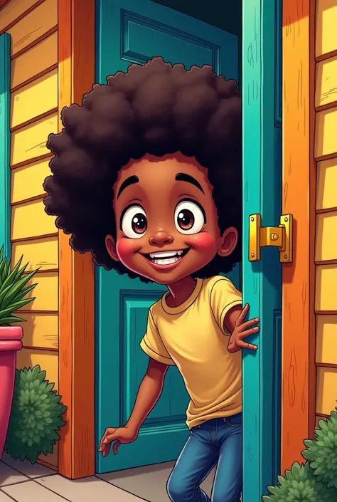 Black boy with afro opening a door to a comic book style house