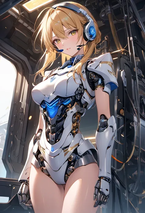 female combat robot、metal body that shines like a mirror、artoria pendragon、luminous skin、mechanical joints、machine eyes、headset、...