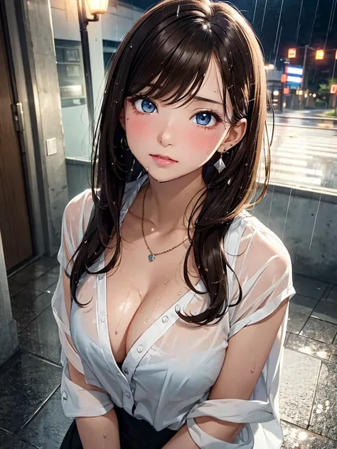 (masterpiece, best quality:1.2), Very detailed, 8k, 1girl, Cute Japanese, Cinema Lighting, Fine and beautiful eyes, brown hair, straight bob hair, short hair, Thin Hair, Earrings, Long chain necklace, blue eyes, Narrow eyes:1.3, Moist eyes, Wearing a suit,...