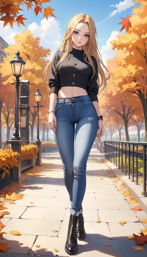 ((best quality, masterpiece:1.3, 8K)), (detailed), highly detailed face and skin texture, detailed eyes, full body, outdoor, daytime, autumn, (slender body:1.1), 1girl, (solo), white skin, bright lips, seductive smile, (forehead:1.0), long hair, straight h...