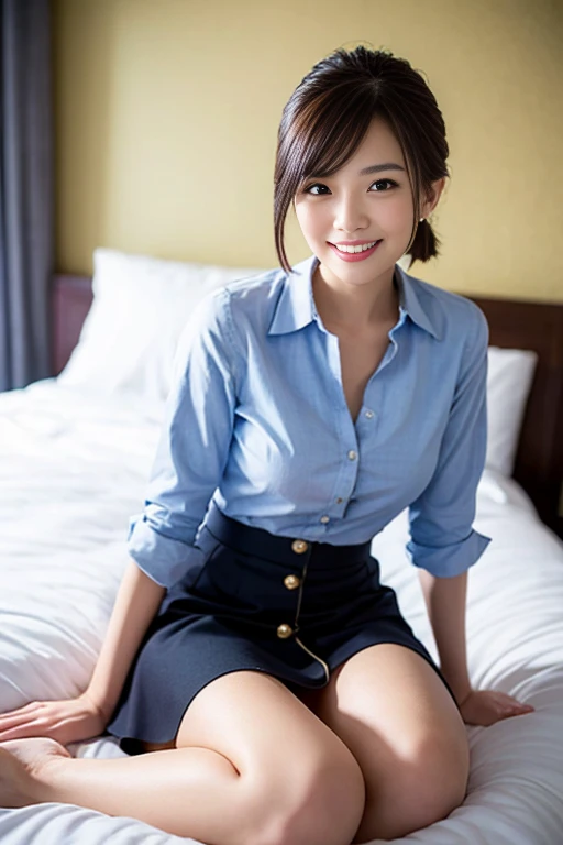 (a beautiful japanese office lady, age 28, wearing sky-blue sophie-white shirt with buttons,  grey mini-skirt, sitting in bed, l...