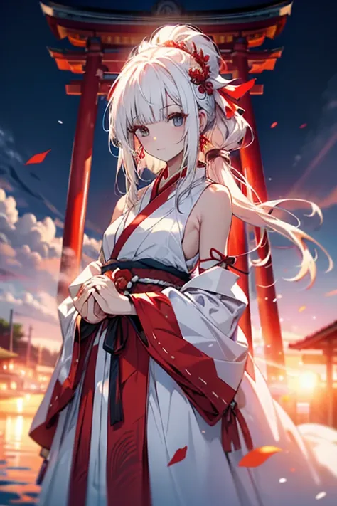 woman,long ponytail,white hair,black eyes,sunrise,cool,hands clasped in front,simple shrine maiden clothes,bare shoulders,front