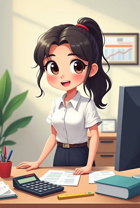 Cute animated female accountant with accounting stuff with things that are visible
