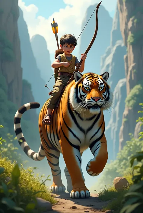 A small boy sitting top of the tiger with bow and arrows on the hand 4k images 