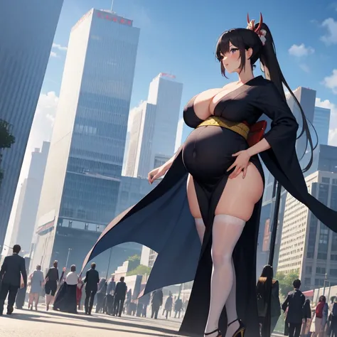 A two giantess suddenly appears in the bustling city, their towering figure reaching into the clouds like a moving skyscraper. kimono, pregnant, lesbian kiss, long hair, ponytail, stockings, huge breast, high heels, walking, long dress.