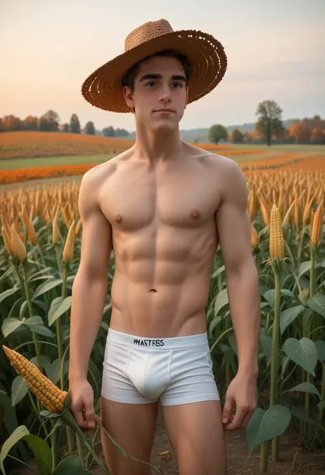 a young male model, athletic build, shirtless, only wearing white underwear, sexy, strong confident pose, autumn corn stalks, harvest corn field, Thanksgiving spirit, (best quality, 4k, 8k, highres, masterpiece:1.2), ultra-detailed