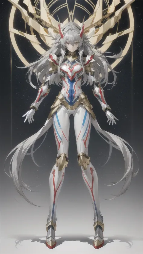 silver long hair giantess，gray skin，Gray gold fluorescent line full body tights，Chest，red blue armor，slim figure，Thin legs，boots，trumpet city, anime style, High resolution,