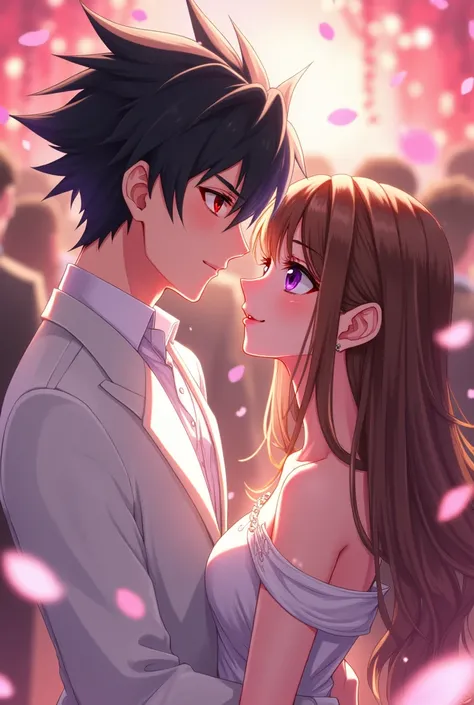 Anime boy ((( Spiky hair , black hair , full white coat suit , red eyes , narrowed eye , handsome )))  anime girl , purple eyes , brown hair , tied single bun hair style , white frock , long frock ))) , party background with people , rose petails , lights ...