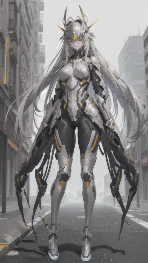 silver long hair giantess，gray skin，Gray gold fluorescent line full body tights，helmet，Big ，red blue armor，slim figure，Thin legs，boots，[City, High resolution,Heterochromia, 