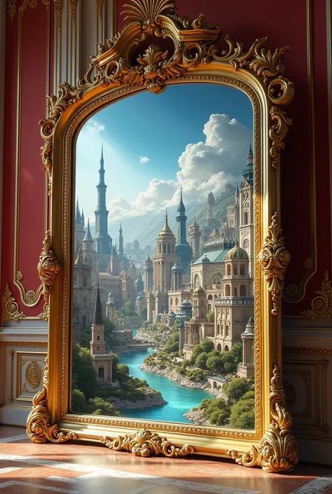 a large horizontal princess mirror, The mirror contains thousands of tourist attractions spread around the world