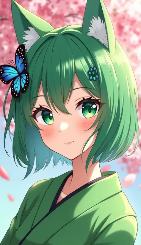 woman。solo, High resolution, Hair color: Green。Shinobu Kochou hairstyle。Kimono Green。Eye Color: Green。Cat ear。anime。Butterfly Hair Ornament。Background cherry blossom petals。Slanted Eyes。