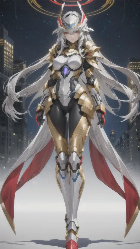 silver long hair giantess，gray skin，Gray gold fluorescent line full body tights，helmet，Big ，red blue armor，slim figure，Thin legs，boots，[City, High resolution,Heterochromia, 