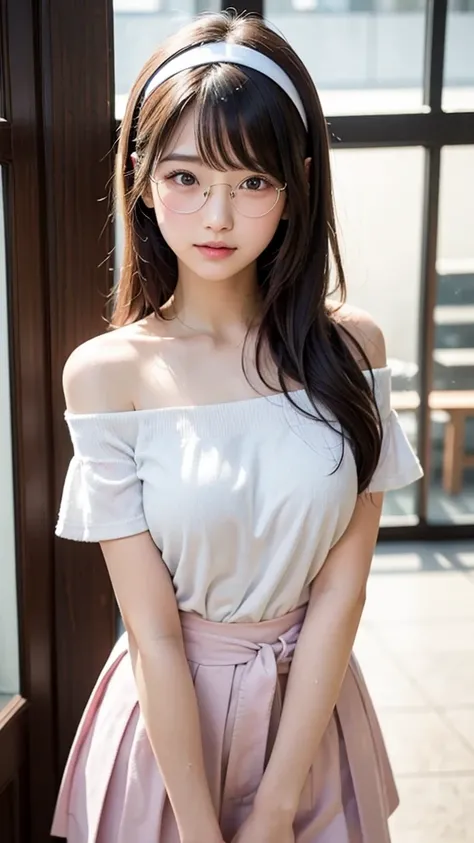 (masterpiece, Best Quality:1.2), 8K, 1 girl, 1 Japanese girl, 85 mm, Official art, Raw photo, Pretty Face, close up, face focus, cute Girl, Cinch waist, beauty thighs, soaking wet, sweat, medium breasts, pink off shoulder blouse, short sleeves, short pleat...