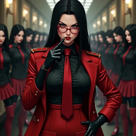 femme, une main sur la hanche, uniforme strict en latex, chemise en vinyle noir, cravate en vinyle rouge, jupe longue en latex rouge, veste en vinyle rouge, larges épolettes latex, serre-taille en latex rouge, lunettes fines rouges, cheveux raides noirs, c...