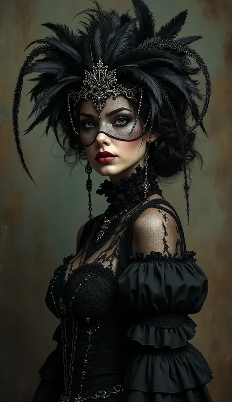 "Captivating, neo-Victorian portrait of a striking, enigmatic figure adorned in a striking black ensemble, featuring an opulent, ornate headpiece with cascading feathers and intricate metal flourishes, her face partially obscured by an alluring lace veil t...