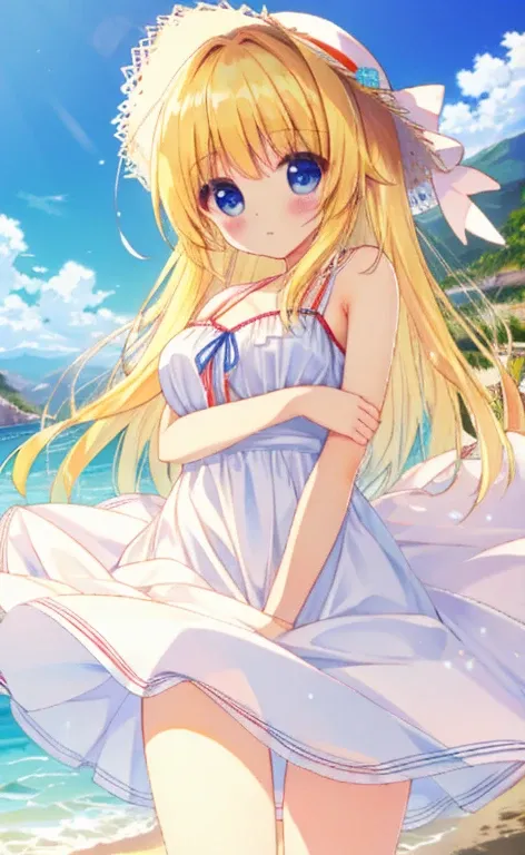 Beautiful long blonde　Cowboy Shot　White Summer Dress　coastal　dress tug　White panties