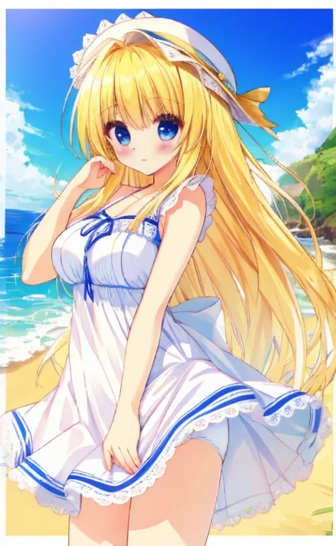 Beautiful long blonde　Cowboy Shot　White Summer Dress　coastal　dress tug　White panties