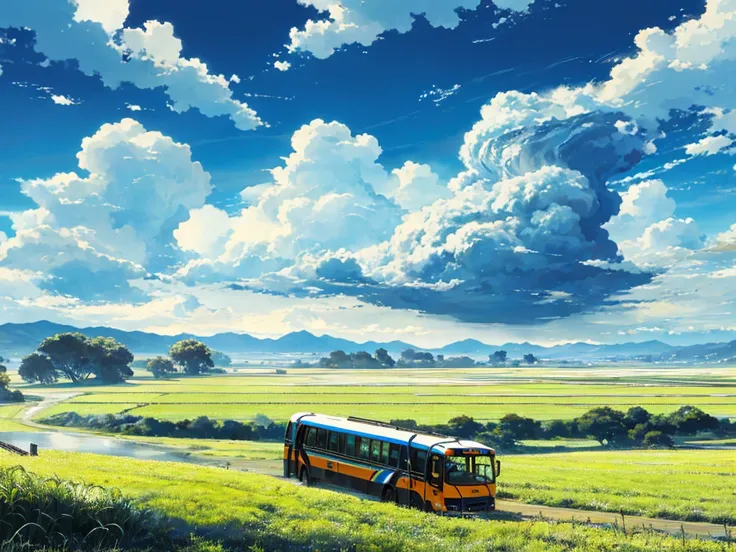 Vast sky、the beautiful skyline、Large grasslands、rice fields、extremely tense and dramatic pictures、the moving visual effects、high hanging Polaris、and colorful natural light。bus stop、Old bonnet bus、Big Clouds, Cumulonimbus,Landscape painting