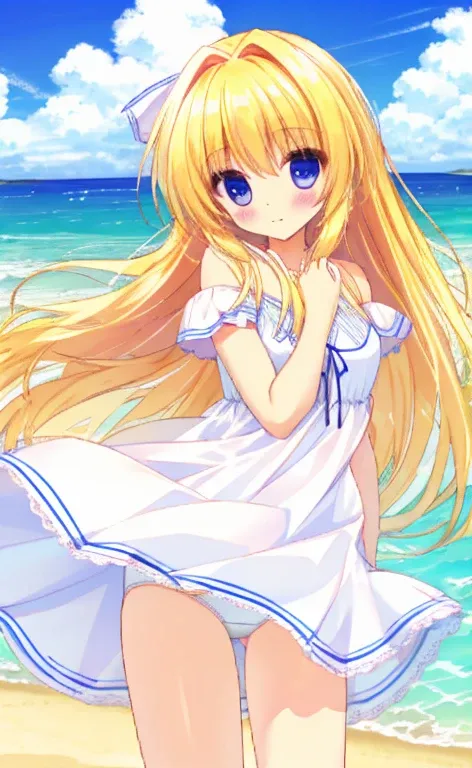 Beautiful long blonde　Cowboy Shot　White Summer Dress　coastal　dress tug　White panties