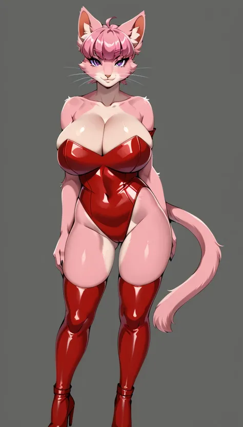 BagiMMNXL, anthro furry, furry female, pink fur, snout, whiskers, purple eyes, pink hair, short hair, bangs, animal ears, cat tail, huge breasts, cleavage, bare shoulders, strapless, red leotard, red thigh boots, (solo), standing, looking at viewer, ((simp...