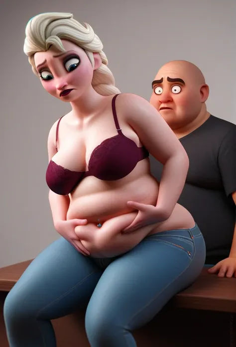 (( 3d, a slim and short feeder man,a feeder man pinching elsa's cheeks,a man pinching and  touching elsa's belly )) , jeans_pull...