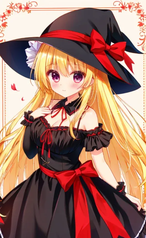 Beautiful long blonde　Cowboy Shot　ruffled black dress　Red ribbon