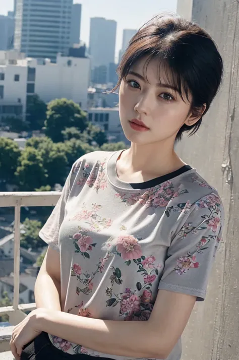 (8k、highest quality、masterpiece:1.2)、(realistic、photorealistic:1.37)、ultra-detailed、((beautiful woman))、((floral t-shirt))、gende...