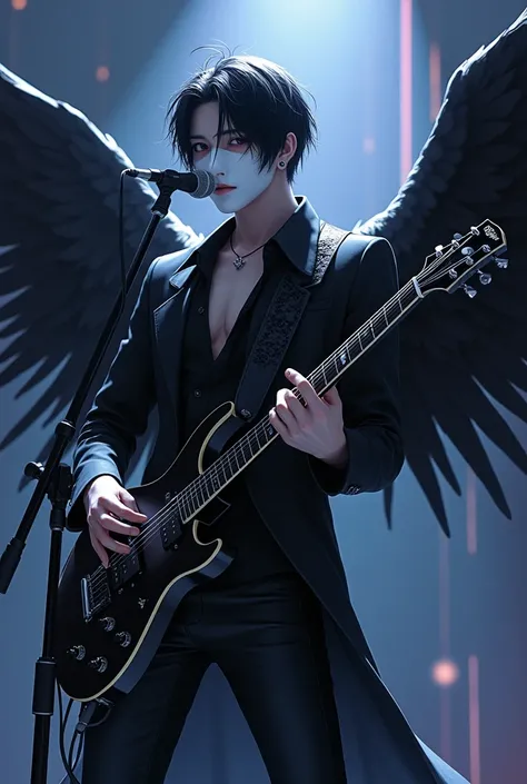 man,anime,guitarist, singer,style clothes,half of the face covered by the mask,white mask contouring the face,black leagwear,wings,black sorrows,show ao vivo,black guitar,Bblack hair,shorth hair, mascarado,