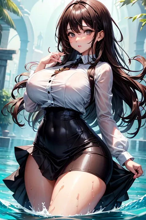 1 One girl, dark brown hair, hourglass figure, big busty, wearing a white shirt and a black flowy skirt soaked in water, exposing her body to allure.