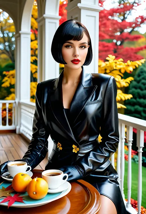 A sophisticated young woman, dressed in a worn black leather blazer suit, tight black gloves, and a sleek bowl-cut hairstyle, sits elegantly on the opulent veranda of her grand estate, surrounded by the vibrant colors of autumn leaves, as she savors a warm...