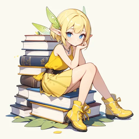 1 fairy elven girl, solo, full body, Sitting on the edge of Stacked books. resting her chin on her hand and looking at the viewer with interest. blonde pixie cut, blue eyes. drooping thin Pointed Ears, half-closed eyes, silver necklace, yellow camisole, ye...