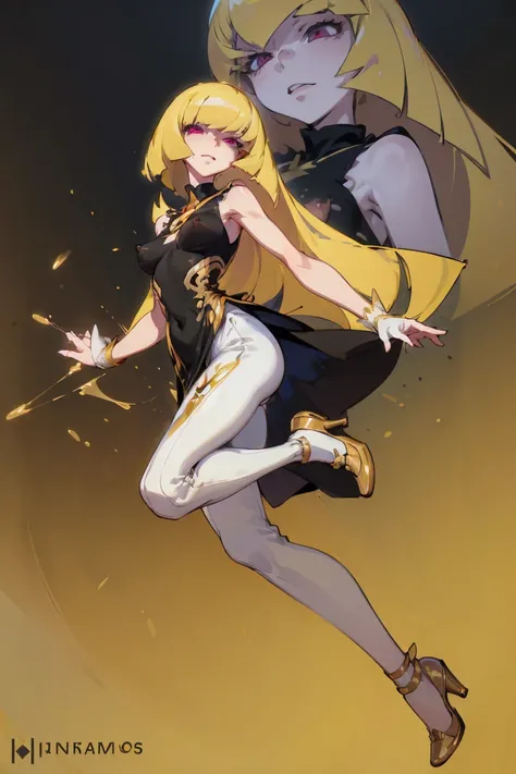 NSFW,((Highest quality)), ((masterpiece)), (Familiar), Lusamine,thin,thin,Long blonde hair,Small breasts,Erect nipples,Adult female,Green Eyes,Slanted Eyes,Sleeveless dress,Black Dress,Gold embroidery,White pants style,High heels,Fascinating
