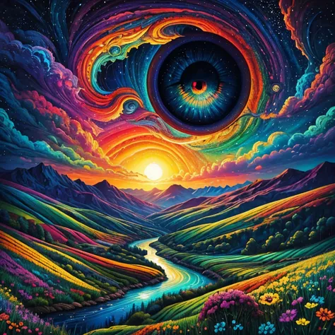 Masterpiece, best composition, dynamic composition, colorful landscape painting with big eyeballs and fields and rivers, big eyeballs in the sky, psychedelic landscape, vivid oil painting, vivid abstract landscape, color field painting. 8K, stunning colorf...