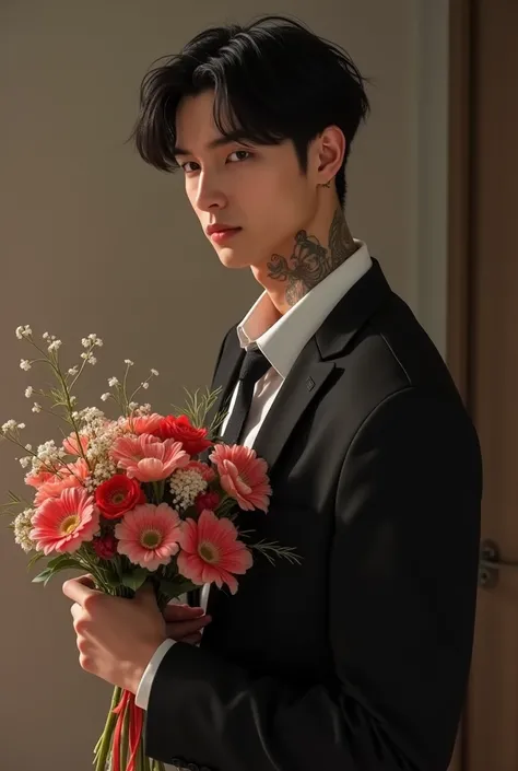 Korean guy .age 25. He have abs and good hot body. He a business man . He like to paint . An d he have a flower bouquet. He have tattoos name " elavarasi " in his neck. He have kiss mark