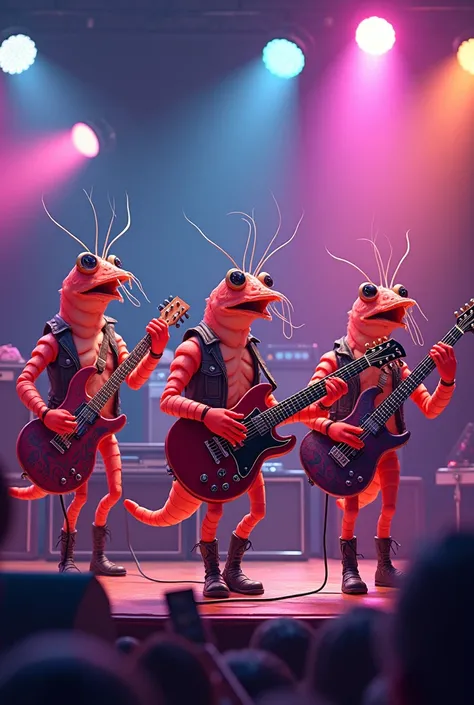 Un groupe de vraie crevettes roses qui joue du rock n roll sur scène. Il y a une batterie, une guitare, une basse et un chanteur. fais un dessin en mode cartoon rigolo mais respecte lanatomie des crevettes.