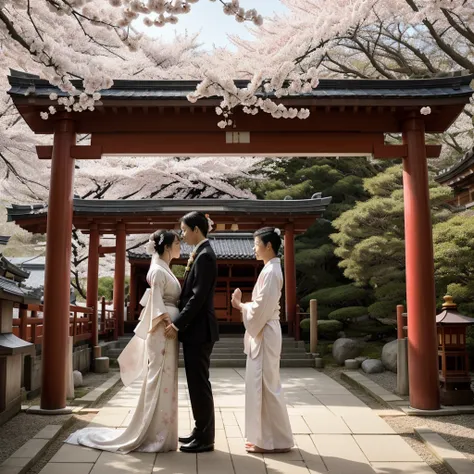 "A serene wedding ceremony set in a traditional Japanese Shinto shrine, with a bride dressed in a pure white kimono and a groom in a formal black montsuki. They stand side by side under the red torii gate, surrounded by blooming cherry blossoms. The sun ca...