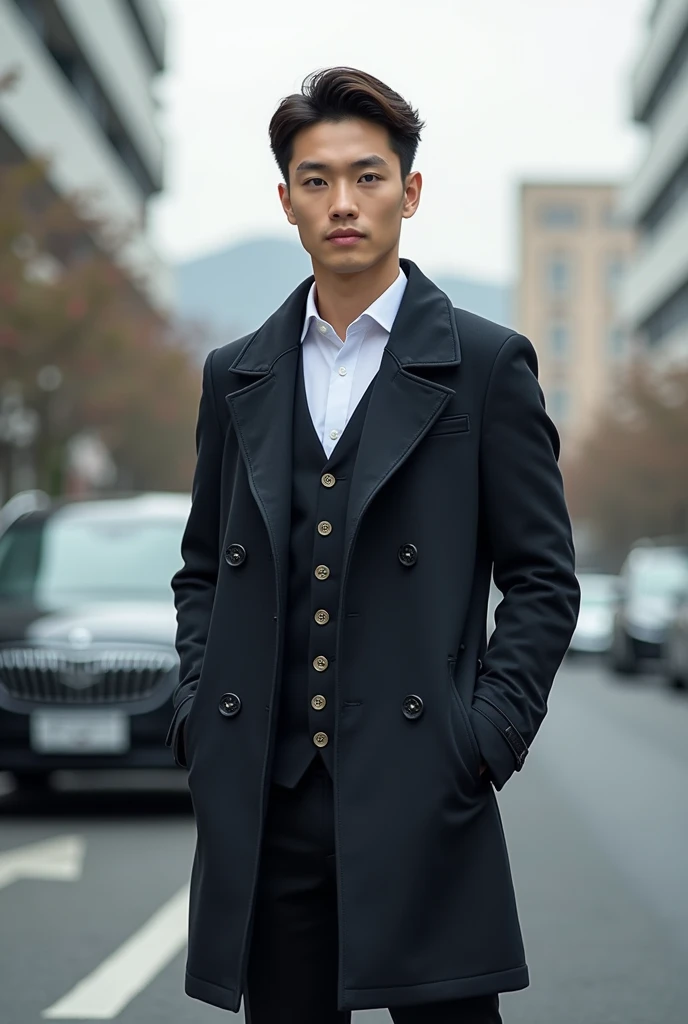 (photorealism:1.2), handsome young ceo standing on road of Korea, wearing beautiful coat pants background car taking bouquet of flowers


